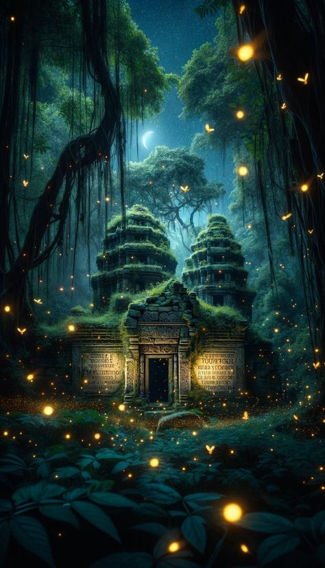 This 4k Ultra HD wallpaper unveils a captivating night scene of ancient ruins, nestled in the heart of a dense jungle. The old stone temple, adorned with intricate carvings, stands as a silent guardian of history, bathed in the ethereal glow of moonlight and the delicate twinkle of fireflies. Vines drape over the temple's architecture, adding to the mystical ambiance of this hidden sanctuary. 4k Ultra Hd Wallpapers, Jungle Temple, 4k Desktop Wallpapers, Swag Wallpaper, Ultra Hd Wallpaper, Stone Temple, Jungle Art, Ancient Stone, Mystical Forest