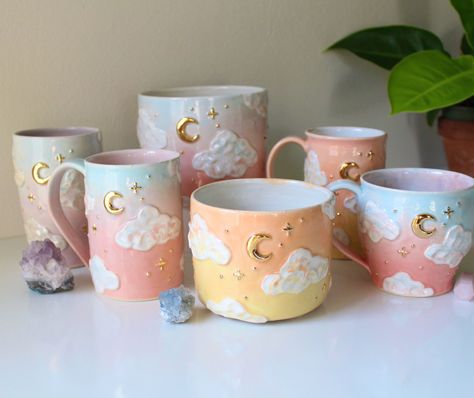 Sunset Pottery Painting, Color Me Mine Ideas Mugs, Sunset Mug, Rhinestone Cups, Color Me Mine, Pastel Sunset, Pastel Designs, Pottery Painting Designs, Painted Mugs