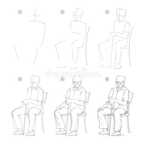 How to draw from nature sketch of sitting old man. Creation step by step pencil drawing. Educational page for artists. vector illustration Nature Sketches Pencil, Person Sketch, Disney Drawing Tutorial, People In Nature, Step By Step Sketches, Body Draw, Human Sketch, Human Figure Sketches, Realistic Pencil Drawings