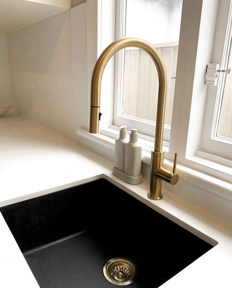 Granite Sink: Sink warehouse Tap: @abiinteriors Stone bench top: @smartstone_au Gold Faucet Black Sink, Gold Tap Kitchen, Black Sink Brass Tap, Black Kitchen Sink Gold Faucet, Black Tapware Kitchen, Black Sink Golden Faucet Kitchen, Gold Kitchen Tap, Gold Tapware Kitchen, Brass Tapware Kitchen