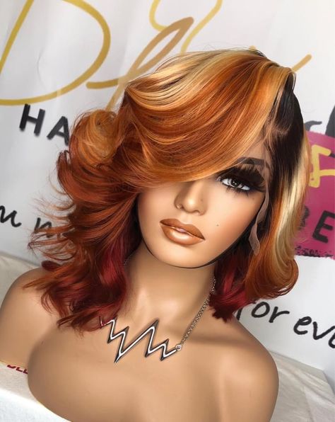 Wig With Red Highlights Black Women, Wigs With Red Highlights Black Women, Keyshia Cole Red And Blonde Hair, Orange Wig With Blonde Highlights, Ombre Wigs For Black Women Two Tones, Red Ombre Wigs For Black Women, Ombre Bob Wig, Ombré Hair, Human Virgin Hair