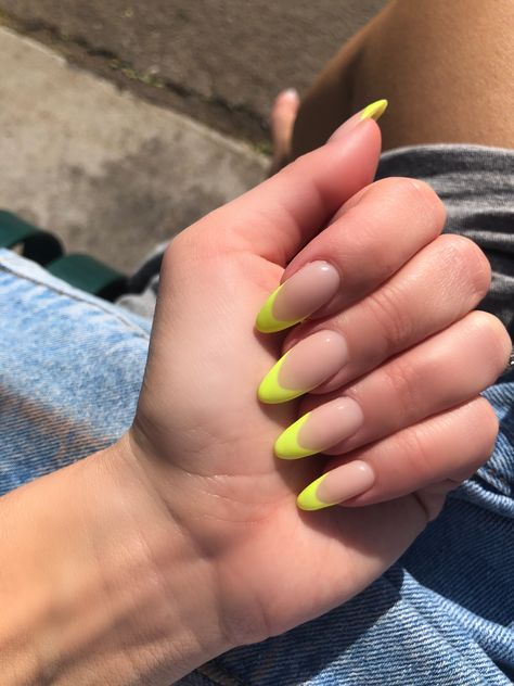 Neon Yellow French Tip Nails Almond, Neon Yellow Acrylic Nails Almond, Yellow Tip Almond Nails, Neon Yellow Tips Nails, Yellow French Tip Nails Almond, Neon Yellow Almond Nails, Tip Acrylic Nails Almond, Neon Almond Shaped Nails, Neon Yellow French Tip Nails