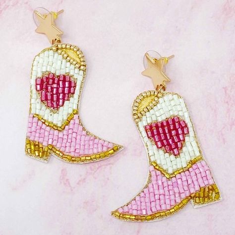 💟My Cowgirl Boots Earrings are the perfect addition for those Nashville nights, bachelorette trips, or upcoming concerts 🌟 Bachelorette Trip, Bead Embroidery, Cowgirl Boots, Beaded Embroidery, Nashville, Embroidery, Concert, Beads, Boots