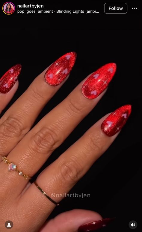 Valentines Day Nails Metallic, Red Sparkle Valentine Nails, Valentines Chrome Nails Designs, Glittery Valentines Day Nails, Chrome Nails Designs Valentine, Red Unicorn Nails, Valentine’s Day Glitter Nails, Pointy Valentine Nails, Valentine’s Day Cat Eye Nails