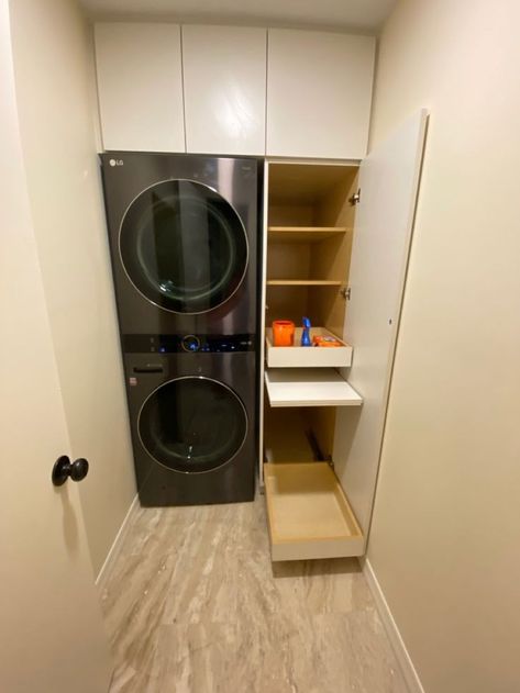 Stacked Unit Laundry Room, Small Laundry Room With Refrigerator, Small Laundry Room Ideas Double Stack, Stackable Washer And Dryer Pedestal, Lg Tower Laundry Room Ideas, Small Laundry Room Ideas Lg Washtower, Washer Tower Laundry Room, Washtower Laundry Room Ideas, Lg Wash Tower Laundry Room