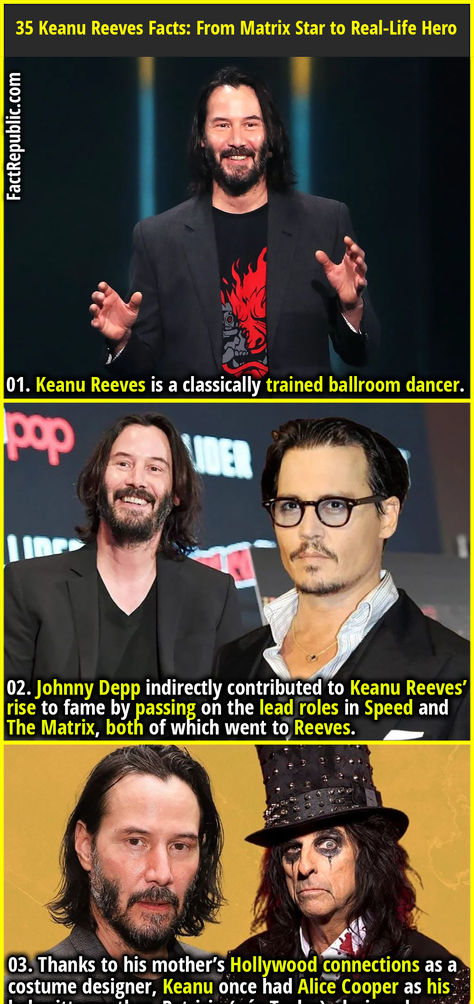 01. Johnny Depp indirectly contributed to Keanu Reeves’ rise to fame by passing on the lead roles in Speed and The Matrix, both of which went to Reeves. Brzrkr Keanu Reeves, John Constantine Keanu Reeves, Keanu Reeves Body, Keanu Reeves Matrix, Personal Challenges, Useless Knowledge, Movie Trivia, Fact Republic, Trivia Facts