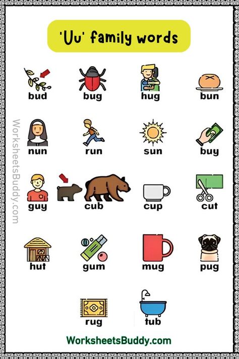 U Word Family Worksheets | Short U Vowel Sound Worksheets for Kids U Words For Kids, Children's Day Craft, Letter W Activities, Kindergarten Phonics Activities, Word Families Printables, J Words, Counting Worksheets For Kindergarten, Free Kindergarten Printables, Worksheets For Class 1