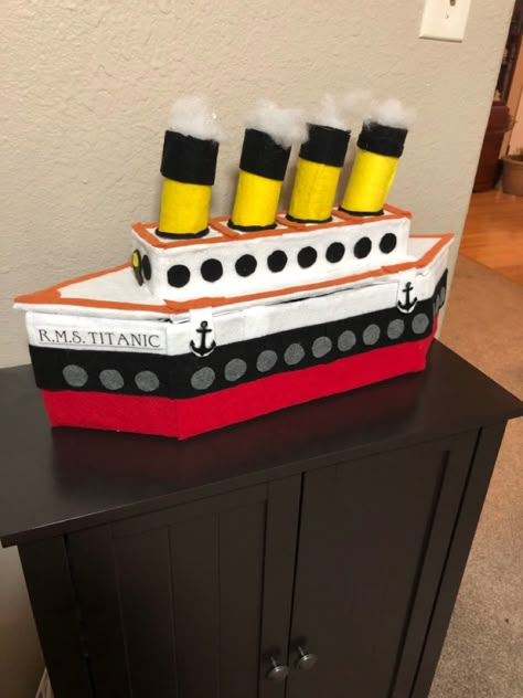 Boat Valentines Boxes, Diy Titanic Ship, Titanic Project For School, Titanic Crafts Projects, Titanic Valentines Boxes, Titanic Crafts For Kids, Titanic Project, Diy Valentines Box, Kids Valentine Boxes