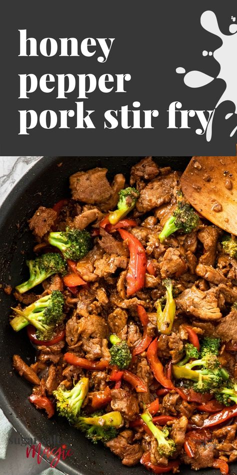 Close up of pork stir fry and vegetables in a black saucepan. Pork Stir Fry Recipes, Stir Fry Recipes Healthy, Pepper Pork, Wok Recipes, Dinner Rotation, Asian Pork, Pork Fillet, Pork Stir Fry, Fry Recipes