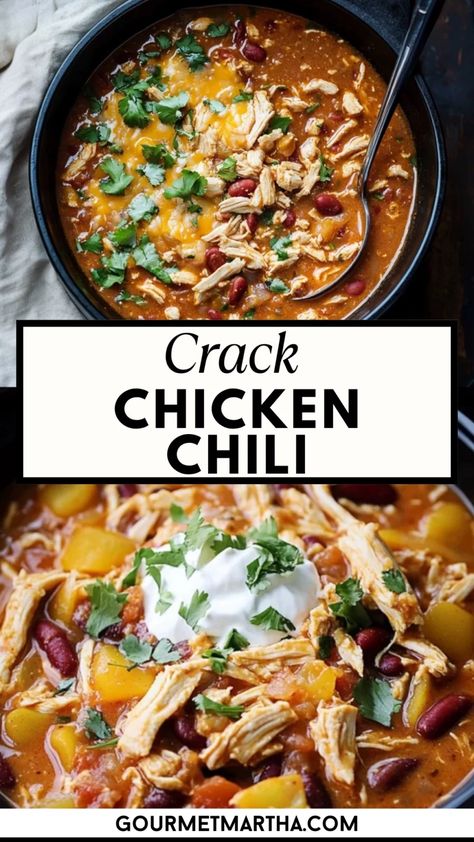 This Creamy Crack Chicken Chili is the ultimate comfort food! Packed with tender chicken, creamy cheese, and a kick of spices, this dish will have your taste buds dancing. Perfect for busy weeknights or a cozy family dinner. #CrackChickenChili #ChickenChili #CreamyChickenChili #ComfortFood #EasyChiliRecipe Best Chicken Chili Recipe, Southwest Chicken Chili, Loaded Chili, Shredded Chicken Chili, Crockpot Chicken Chili Recipes, Spicy Chicken Chili, Healthy Chicken Chili, Chicken Chili Soup, Easy Chicken Chili