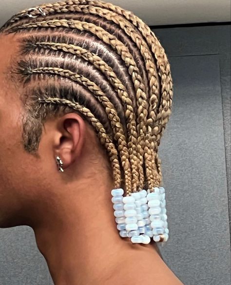 Men Cornrows With Beads, White Boy Cornrows, Blonde Cornrows Men, Men Braids With Beads, Men Cornrow Styles, Small Cornrows Men, Braids For Men With Beads, Feed In Braids With Beads, Short Cornrows With Beads