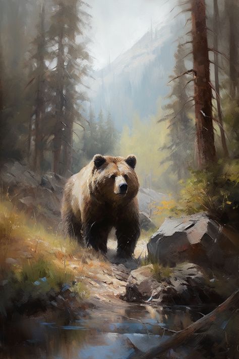 📌 What's wrong with this picture? 📌 Brown Bear Painting, Grizzly Bear Painting, Bear Oil Painting, Brown Bear Illustration, Bear In The Woods, Black Bears Art, Bear Portrait, Richard Anderson, Cool Nature