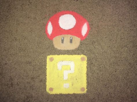 MARIO mushroom. Sidewalk Chalk art. Drawn by said-ivy. Mario Sidewalk Chalk Art, Mario Chalkboard Art, Chalk Art Mushroom, Chalk Art Mario, Chalk Mushrooms, Chalk Drawing Ideas Sidewalk, Fun Chalk Art Ideas, Chalk Characters Easy, Chalk Art Animals