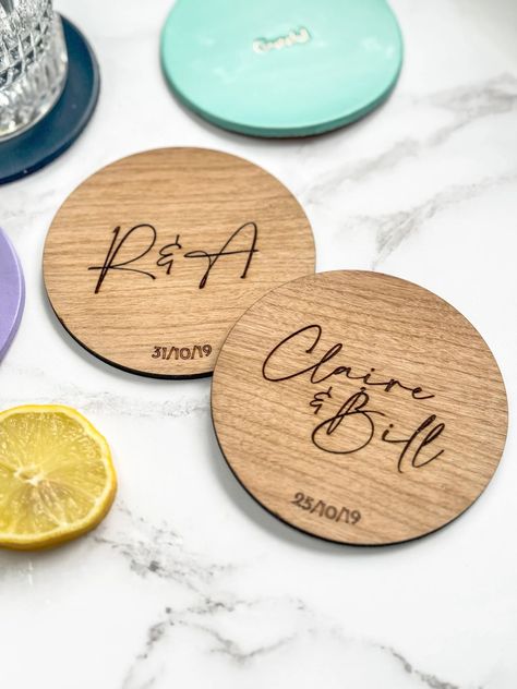 5th Wedding Anniversary Gift Ideas (Wood) – Parkin and Lewis 5th Wedding Anniversary Gift, Engraved Coasters, 5th Wedding Anniversary, Wooden Texture, Anniversary Dates, Anniversary Gifts For Couples, 5th Anniversary, Personalized Coasters, Gift For Couples