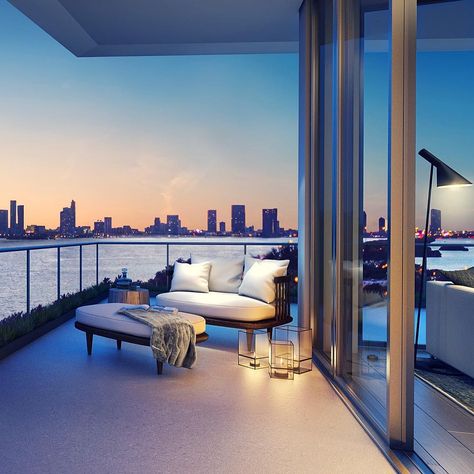 Having a view is everything!  #miamibeach #luxuryliving  Via @gabriela_wanderlust Apartamento New York, Luxury Apartment Interior Design, Luxury Apartments Interior, Luxury Hotel Design, Miami Apartment, Miami Condo, Private Balcony, Bustling City, Balcony Design