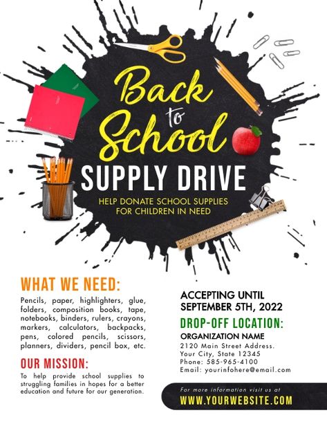 Donation Graphic Design, Educational Flyer, Back To School Drive, Food Drive Flyer, Welcome Students Back To School, School Donations, Back To School Event, School Supply Drive, Restaurant Graphics