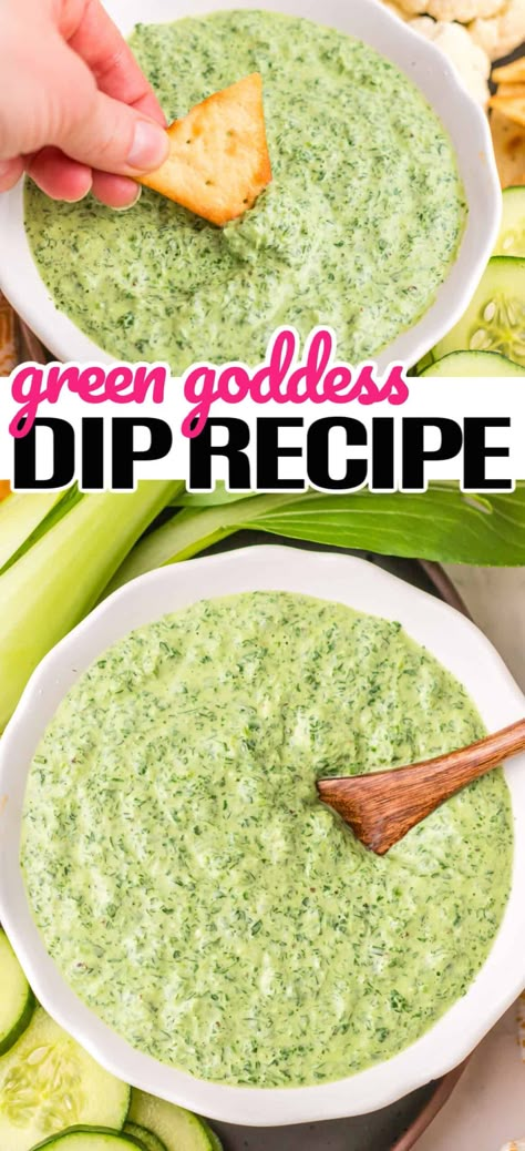 Green Goddess Dip is a bright, fresh dip packed with flavorful herbs that's oh-so-creamy. It's perfect for veggies, crackers & even chicken! #RealHousemoms #greengoddess #dip #basil #greekyogurt #mayo #herbs #appetizer #partyfood #healthysnack Green Dips Recipe, Greek Goddess Dip, Green Appetizer Ideas, Green Dip Recipe, St Patrick’s Day Appetizers Easy, Green Dip, Herb Dip, Green Food Ideas For Color Party, Green Goddess Seasoning Recipes