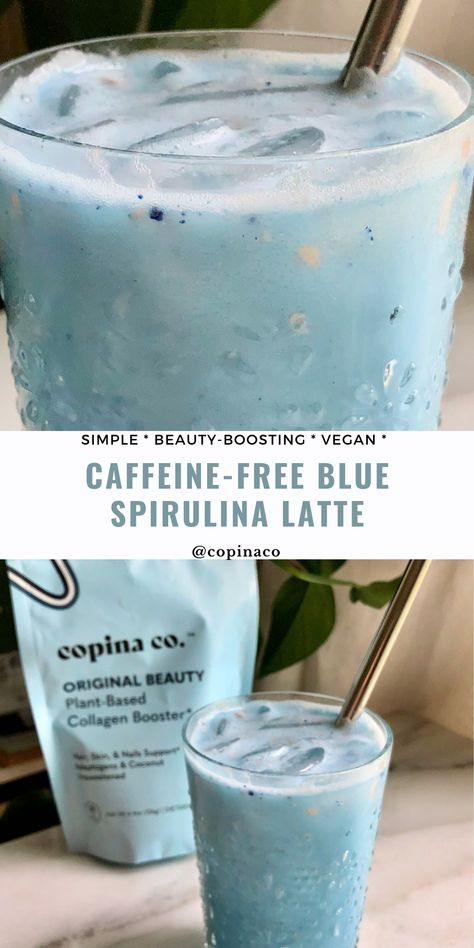 In addition to these key benefits, this Iced Blue Spirulina Latte is vegan, refined sugar-free, and totally nutritious.If you haven’t already caught our gist on Instagram (follow us @copinaco if you haven’t already!) we’re basically obsessed with iced lattes. If you’re reading this then odds are you are too. Iced lattes are delicious, simple, and an easy health boost with the incredible health benefits of superfoods* and this Caffeine-Free Iced Blue Spirulina Latte is no different. Blue Spirulina Latte, Bebidas Asthetic, Matcha Recipe Baking, Mock Cocktails, Arbonne Cleanse, Caffeine Free Drinks, Cafe Drinks, Iced Lattes, Matcha Recipes