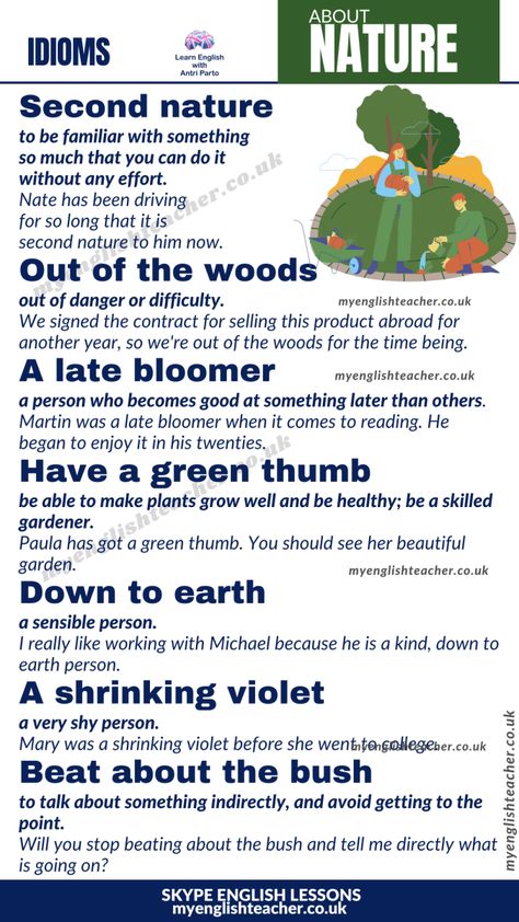 12 Idioms Related to Nature English Vinglish, English Phrases Idioms, Idioms And Phrases, Conversational English, English Vocab, Interesting English Words, Good Vocabulary Words, Good Vocabulary, English Language Teaching