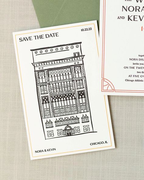 Creative Wedding Save The Date, Chicago Wedding Invitations, Horror Installation, Chicago Athletic Association Wedding, Chicago Athletic Association, Wedding Stationary Design, Wedding Graphic Design, Wedding Invitation Suites, Art Museum Wedding