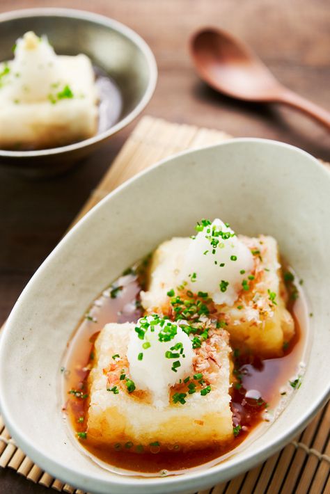 Agedashi Tofu Recipe Japanese Tofu Recipes, Agedashi Tofu, Japanese Tofu, Soft Tofu, Dashi Broth, Ginger Slice, Potato Starch, Japanese Dishes, Bean Curd