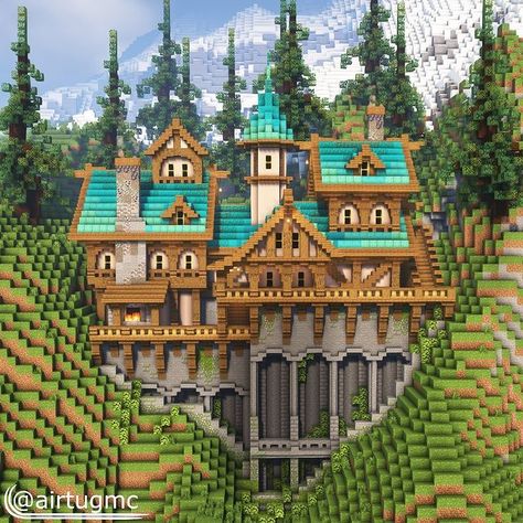 Large Minecraft House Ideas, Minecraft Survival Village Ideas, Minecraft Large House Ideas, Cliff Base Minecraft, Minecraft Cliff Side House, Minecraft Cliff Houses, Cliff Side Minecraft House, Large Minecraft Builds, Minecraft Bases Ideas