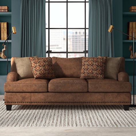 Greyleigh™ Cainsville 93'' Recessed Arm Sofa with Reversible Cushions & Reviews | Wayfair Dark Brown Sofas, Brown Sofa Living Room, Suede Sofa, Solid Wood Design, House Bedrooms, Brown Furniture, Leather Living Room Set, Sofa Colors, Brown Sofa