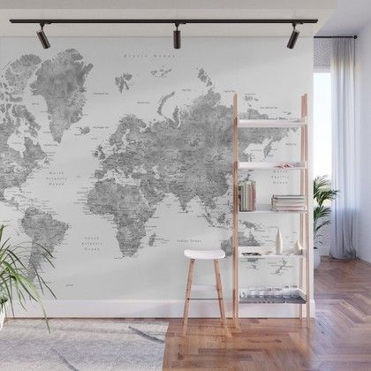 New World Map, World Map Mural, Wall Mural Ideas, Watercolor World Map, Map Wall Mural, Gray Watercolor, Map Murals, World Map Wallpaper, Light Grey Walls