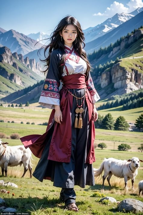 Mountain Character Design, Mongolian Character Design, Mongolian Outfit, Traditional Mongolian Clothing, Adoptable Clothes, Mongolian Traditional Clothing, Ren Fair Costume, Mongolian Fashion, Chinese Anime Art