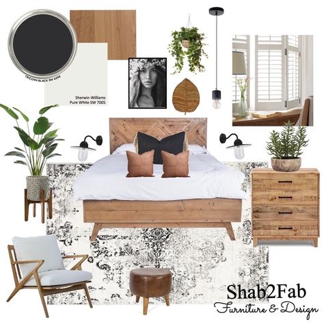 I’m feeling boho-modernish with this design, lots of natural wood to play off a black wall, greenery and crisp white upholstery and bedding, leather and natural light. Feels good ya? Wall Greenery, Bedroom Mood Board, Leather Bedroom, Natural Bedroom, Wood Bedroom Furniture, Wood Interior Design, Oak Bedroom, Brown Bedroom, Boho Modern