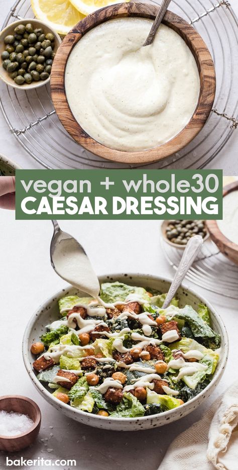 We make this creamy Vegan Caesar Dressing without any dairy, yet it maintains the creaminess you love from a classic Caesar dressing thanks to soaked cashews. The dressing is briny, salty, tart, and so delicious as a salad dressing, a dip, or spread on sandwiches and wraps. Paleo Dips, Vegan Caesar Salad Dressing, Salty Tart, Healthy Salad Dressing Recipes, Vegan Caesar Dressing, Caesar Dressing Recipe, Paleo Running Momma, Vegan Caesar Salad, Whole30 Vegan