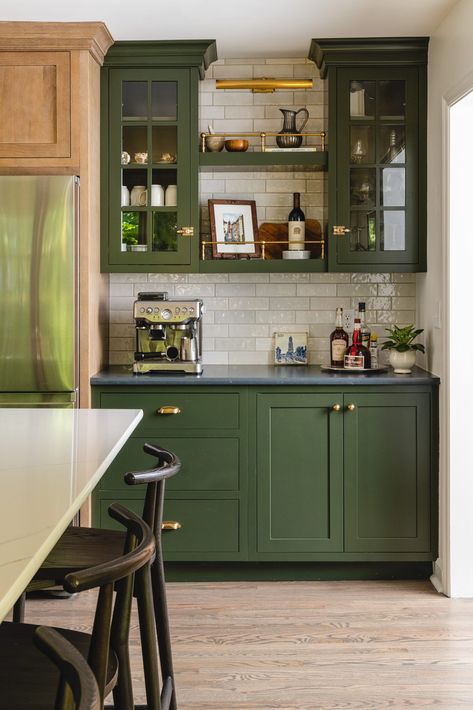 Coffee bar with dark green cabinets Green Dry Bar, Green Wet Bar, Silestone Charcoal Soapstone, Bedrosians Cloe Tile, Basement Refresh, Cloe Tile, Charcoal Soapstone, Nordic Noir, Ranch Kitchen