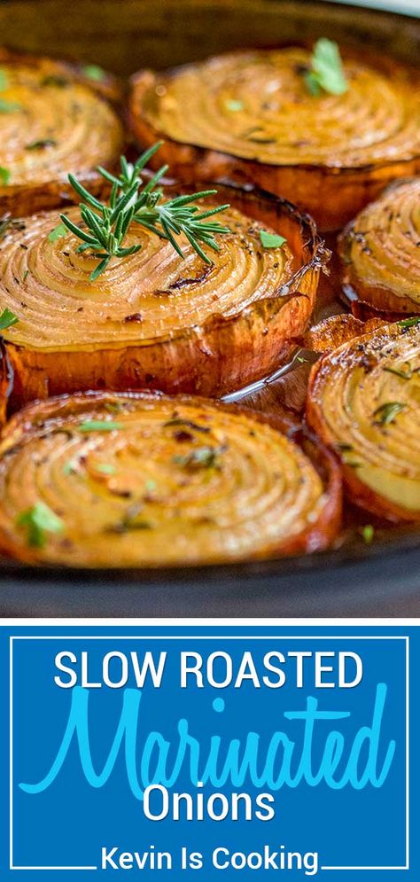 These Marinated Slow Roasted Onions get soft and creamy on the inside and caramelize on the outside roasting in a bath of red wine vinegar, brown sugar and spices. Mouthwatering aroma! #roasted #marinated #onion via @keviniscooking Marinated Onions, Baked Onions, Roasted Onions, Onion Recipes, Wine Vinegar, Veggie Side Dishes, Side Recipes, Red Wine Vinegar, Veggie Dishes