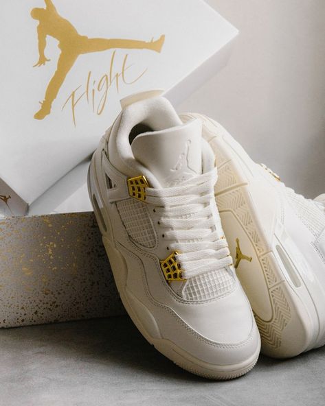 @jumpman23 & @nike add a little bling to a clean Air Jordan 4 accenting its plush white nubuck upper with metallic gold accents on the eyelets, debossed Jumpman logos on the tongues & semi translucent heel tabs ✨ The Women’s AJ4“White & Gold” will be releasing in ⁠Women’s Sizes (US) 10.5, 11.5 & 12 at midnight online tonight (12am AEST) Tuesday April 30th with more sizes to come s👀n…✨ ⁠ #nike #nikeair #airjordan #aj4 #jordan4 #womensjordan4 #jumpman23 #jumpman #laced #lacedbrisbane Nike Add, Jumpman Logo, Girly Shoes, Air Jordan 4, At Midnight, Clean Air, Metallic Gold, Gold Accents, Air Jordan