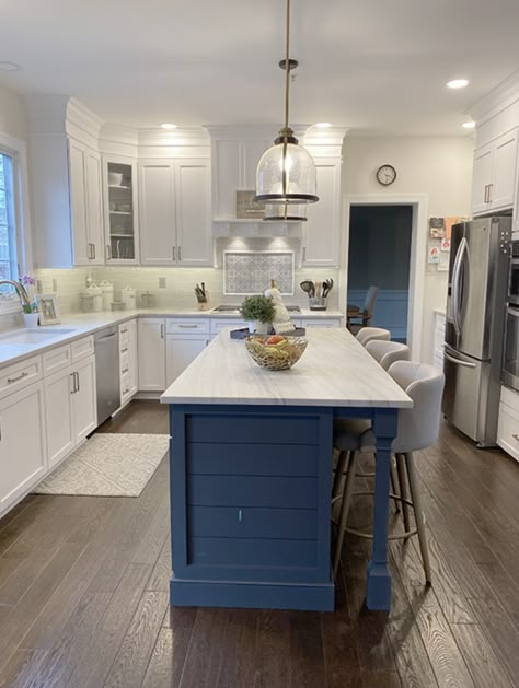 Grey And Dark Blue Kitchen, Navy Kitchen Island Lighting, Kitchen Island Blue Paint Color, Aristokraft Admiral Blue Cabinets, Island For Small Kitchen Ideas, Blue Island In Kitchen, Blue Islands In Kitchen, Blue Kitchen Island White Cabinets, Dark Blue Island Kitchen