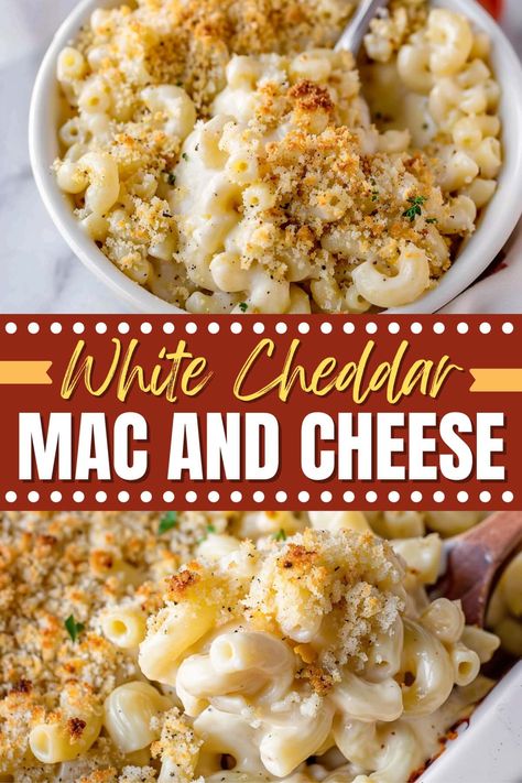 This white cheddar mac and cheese is comfort food at its best! The combination of cheddar and Parmesan is creamy, savory, and delicious. White Cheddar And Bacon Mac And Cheese, Baked Mac And Cheese Recipe White Cheddar, Mac And White Cheese Recipe, Healthy White Cheddar Mac And Cheese, White Creamy Mac And Cheese Recipe, White Cheddar Cheese Recipes, Mac And Cheese White Sauce, Crockpot White Mac And Cheese Recipe, White Shells And Cheese