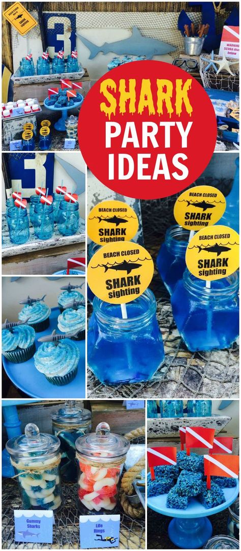 This shark theme is perfect for a pool party! See more party ideas at CatchMyParty.com! Sharknado Party, Shark Party Ideas, Shark Week Party, Shark Themed Party, Shark Themed Birthday Party, Party Ideas For Kids, Ocean Birthday, Shark Birthday Party, Shark Party