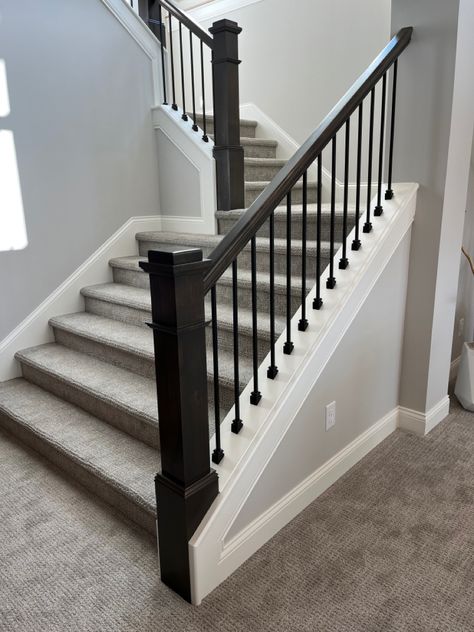 Lake Stairs, Stairwell Makeover, Black Handrail, Painted Staircase, Black Stair Railing, Stair Railing Makeover, Staircase Styles, Interior Stair Railing, Stairs Renovation