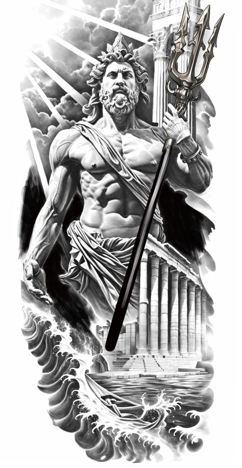 Poseidon Tattoos For Men, Greek Mythology Leg Sleeve, Alexander The Great Tattoo, Poseidon Tattoo Design, Hermes Tattoo, Poseidon Tattoo, Tattoos Gallery, Aphrodite, Greek Mythology