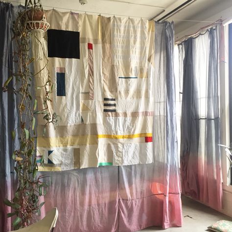 Fabric Room Dividers Hanging, Curtains To Divide A Room, Curtain Wall Divider, Room Dividers Diy, Hanging Fabric Art Installation, Bojagi Curtains, Jogakbo Curtain, Quilt Curtains, Sheer Patchwork Curtains