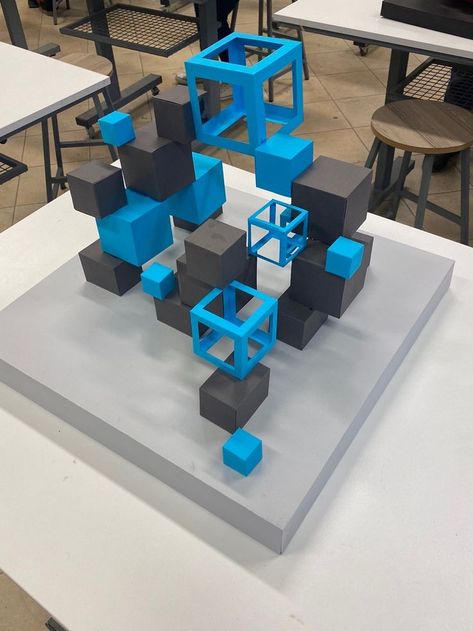 Cube Composition Architecture, 3d Composition Architecture, Cube Architecture Concept Ideas, 3d Cube Art, Cubes Architecture Design, Cube Architecture, Cubes Architecture, Art Classroom Posters, Cardboard Art Sculpture