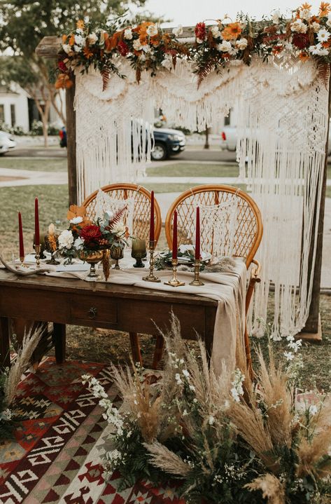 Whimsical Boho Wedding Decor, Macrame Sweetheart Table, Fall Boho Sweetheart Table, Boho Maroon Wedding, Boho Wedding Furniture, Boho Wedding Macrame, Boho Wedding Altar Ideas, Boho Chandelier Wedding, Boho Macrame Wedding Decor