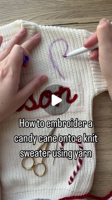 Aspen Lyn Outlet | Hand-Embroidery on Instagram: "How to embroider a candy cane onto a knit sweater using yarn.

Materials used:
- Knit Sweater
- Large eye sewing needle with blunt point
- Loops and Thread Charisma in Red and White (manufacturer names)

All available materials are linked in my bio under my Amazon storefront, check the beginners guide!

If you wanted to make this as a kit you would do my name DIY kit (ask for a full kit so you get a marker!). And then ask for some extra yarn for candy canes. Linked in my bio under my Etsy!

What do you want to see me embroider next?
.
.
.
.
#diyembroidery #sulky #embroiderykit #beginnerembroidery #embroiderytutorial #embroidery #handembroidery #yarnembroidery #mamaandme #personalizedbabyclothes #babyshower #babyshowergift #newbornoutfit #an Candy Cane Embroidery Stitch, Name Embroidery On Sweaters, Diy Stocking Embroidery, Embroider On A Sweater, Christmas Sweaters Embroidery, Embroidery Candy Cane, Hand Embroidered Name Sweater, Diy Holiday Sweater, Yarn Embroidered Sweater