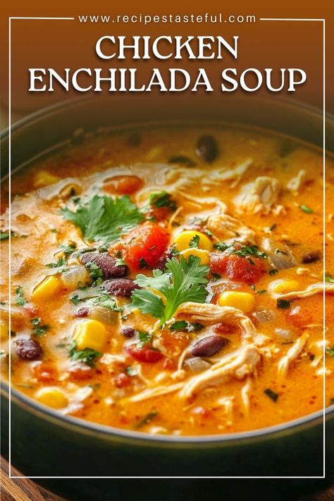 This Chicken Enchilada Soup is a hearty and flavorful dish that combines tender shredded chicken, black beans, and vibrant vegetables in a savory broth, topped with gooey cheese. Perfect for a cozy night in or as a crowd-pleasing meal, this soup is easy to make and packed with delicious Mexican flavors. Enchilada Soup Crockpot, Enchiladas Crockpot, Chicken Enchilada Soup Crock Pot, How To Make Enchiladas, Chicken Black Beans, Shredded Chicken Crockpot, Easy Chicken Enchilada Recipe, Mexican Soup Chicken, Chicken Enchiladas Easy