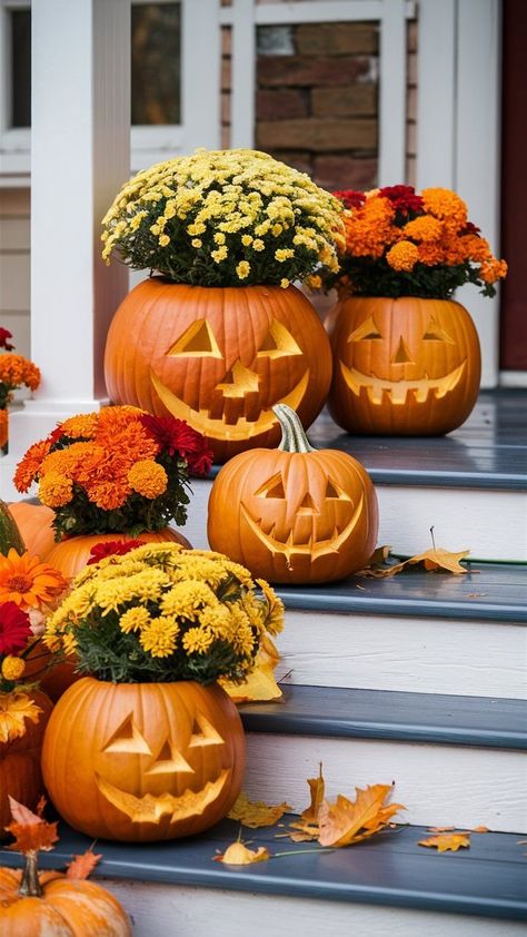 Mums Porch, Front Porch Fall Decor Ideas, Modern Front Porch Decor, Fall Porch Decorations, Porch Fall Decorating Ideas, Porch Fall Decor, Mums In Pumpkins, Porch Wall Decor, Fall Front Porch Decor Ideas