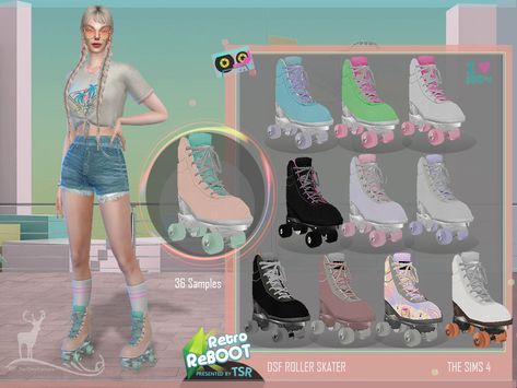 Sims 4 — Retro Re BOOT DSF ROLLER SKATE by DanSimsFantasy — Four-wheel skates for female. Cloning object: base of the Sims 4 Roller Skates, Dansimsfantasy Cc, Sims 4 Retro, Los Sims 4 Mods, Sims 4 Decades Challenge, Sims 4 Cc Shoes, Roller Skaters, Sims 4 Teen, Sims 4 Dresses