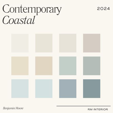 2024 Contemporary Coastal Paint Colour Palette | Benjamin Moore | Interior Design | Paint Colour Selection | E-Design PDF | Shop the Look | Paint Names | Paint Swatches Searching for the perfect blend of creamy, coastal paint colours that also feel warm and inviting? Choosing the right colours that complement each other can be overwhelming. At RM Interior, our goal is to remove the uncertainty when it comes to finding the perfect colours for your space. The contemporary coastal palette exhibits a combining feeling of peace and serenity. The Contemporary Coastal package includes an instant download PDF with names of the colours and direct links on the images to the details on the Benjamin Moore website.  *Disclaimer* Paint colour recommendations are recommendations only. There are several f Hamptons Style Colour Palette, Hamptons Colour Palette Interior Design, Coastal Contemporary Interior Design, Coastal Boho Interior Beach Houses, Colour Palette Home Interior Design, Interior Colours 2024, Warm Coastal Color Palette, Home Color Pallete, Coastal Wall Colors