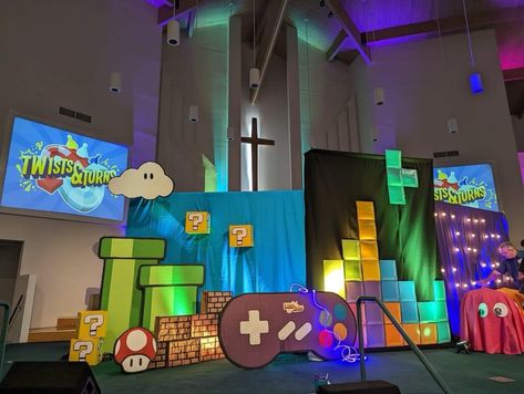 Vbs Game On Decorations, Video Game Vbs Decorations, Video Game School Theme, Vbs Game Theme, Vbs 2023 Twists And Turns Craft Ideas, Vbs 2023 Twists And Turns Decorating Ideas, Vbs Twists And Turns Decorations, Vbs 2023 Twists And Turns Decorations, Vbs Twists And Turns