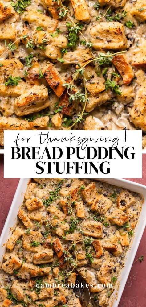 Full of flavor and perfect for making ahead, this savory bread pudding steals the show at holiday meals! Leftover stale bread, creamy custard, and fresh herbs create a delicious casserole that's perfect for Thanksgiving and Christmas! Savory Bread Pudding Recipe, Leftover Bread Recipes, Cambrea Bakes, Classic Stuffing Recipe, Savory Bread Pudding, Thanksgiving Bread, Bread Crumbs Recipe, Leftover Casserole, Savory Bread Puddings