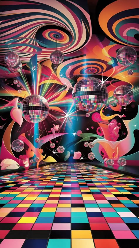 Immerse yourself in the vibrant energy of our disco-themed wallpaper! Featuring a lively dance floor alive with colorful lights, swirling psychedelic patterns, and bold geometric shapes, this design radiates joy and celebration. Perfect for parties, this wallpaper captures the essence of the 60s and 70s, enhanced by playful pop art elements and sparkling disco balls. Brighten up your space with a touch of retro exuberance! #DiscoWallpaper #HomeDecor #PsychedelicArt #DanceParty Retro Disco Wallpaper, Disco Background Wallpapers, Aesthetic Disco Wallpaper, 60s Dance Party, Disco Party Art, Illusion Theme Party, Music Fest Aesthetic, 70s Disco Party Aesthetic, Disco Background Aesthetic